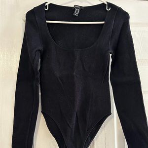 Forever 21 Long-sleeve Ribbed Black Bodysuit, Size Medium
